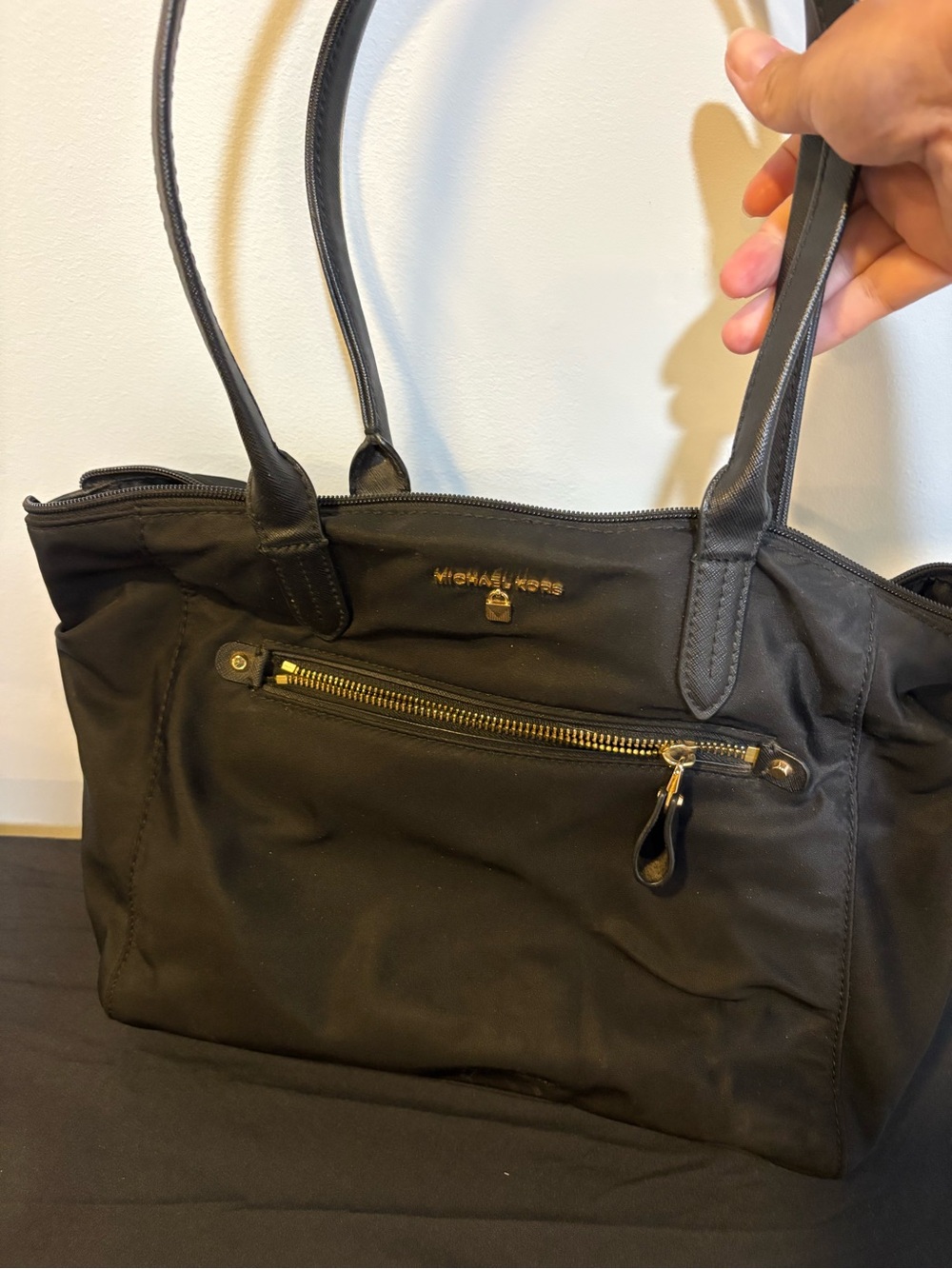 Michael Kors Black Nylon Shoulder Tote with Gold Hardware